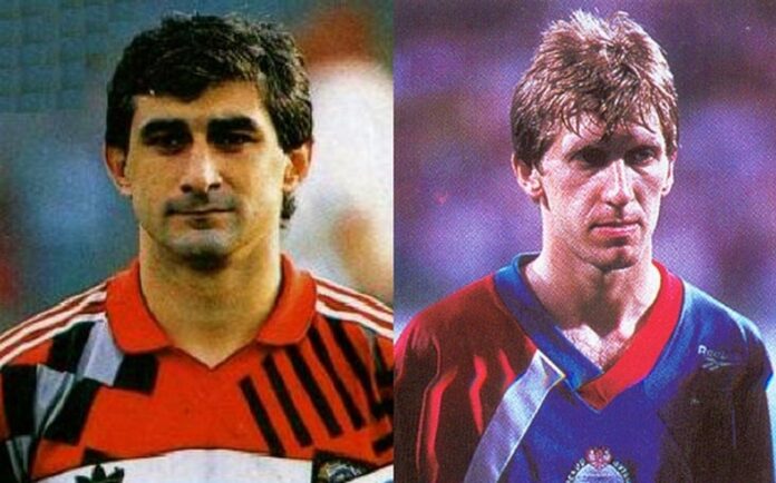 Andrei Piatnitsky e Ahrik Tsveiba, jogadores que representaram quatro seleções diferentes.