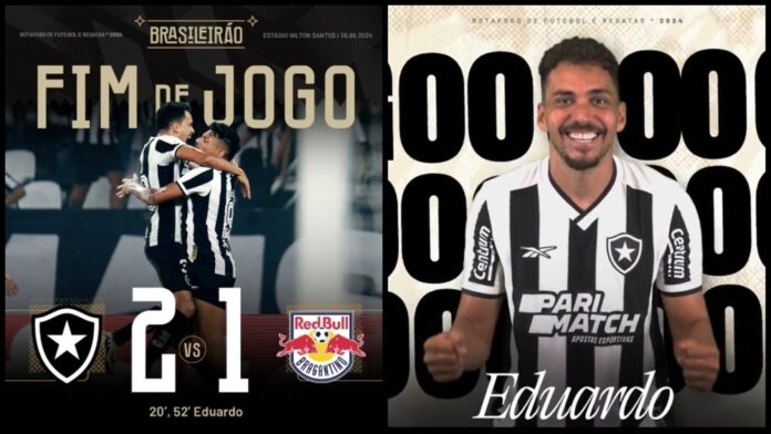 Botafogo vence o Bragantino, com dois golaços de Eduardo. Captura/ Twitter @Botafogo
