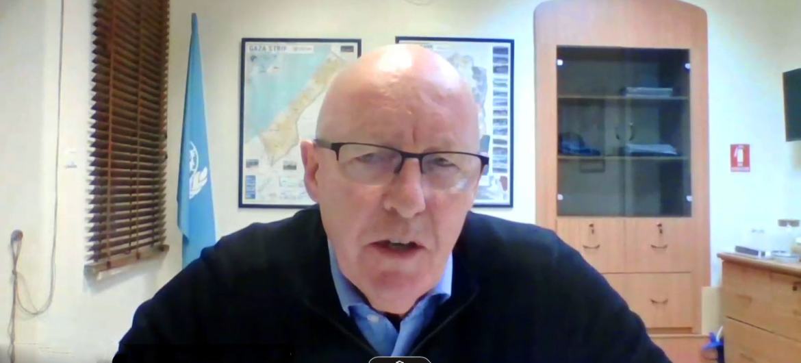 O coordenador humanitário interino para o Território Palestino Ocupado, Jamie McGoldrick, informa virtualmente aos repórteres sobre a situação humanitária em Gaza O coordenador humanitário interino para o Território Palestino Ocupado, Jamie McGoldrick, informa virtualmente aos repórteres sobre a situação humanitária em Gaza