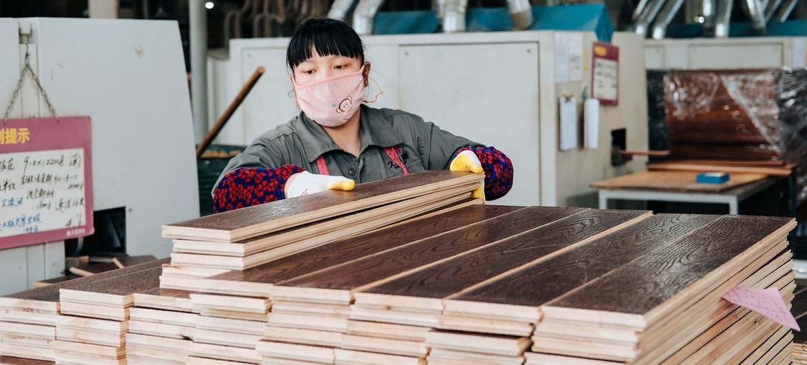 Uma trabalhadora de uma fábrica em Zhejiang, China, prepara madeira para exportação