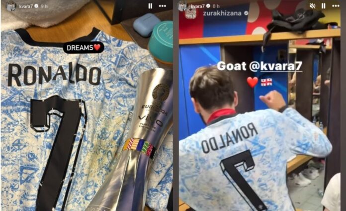 Kvaratskhelia ganhou e vestiu a camisa de Cristiano. Capturas/Instagram/kvara7