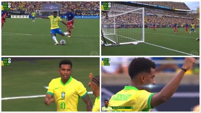 Rodrygo marca o gol brasileiro da partida contra os Estados Unidos. Captura de tela/@fdalvinegro
